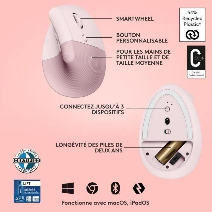 Logitech Lift - Souris ergonomique verticale sans fil Bluetooth - rose - 7