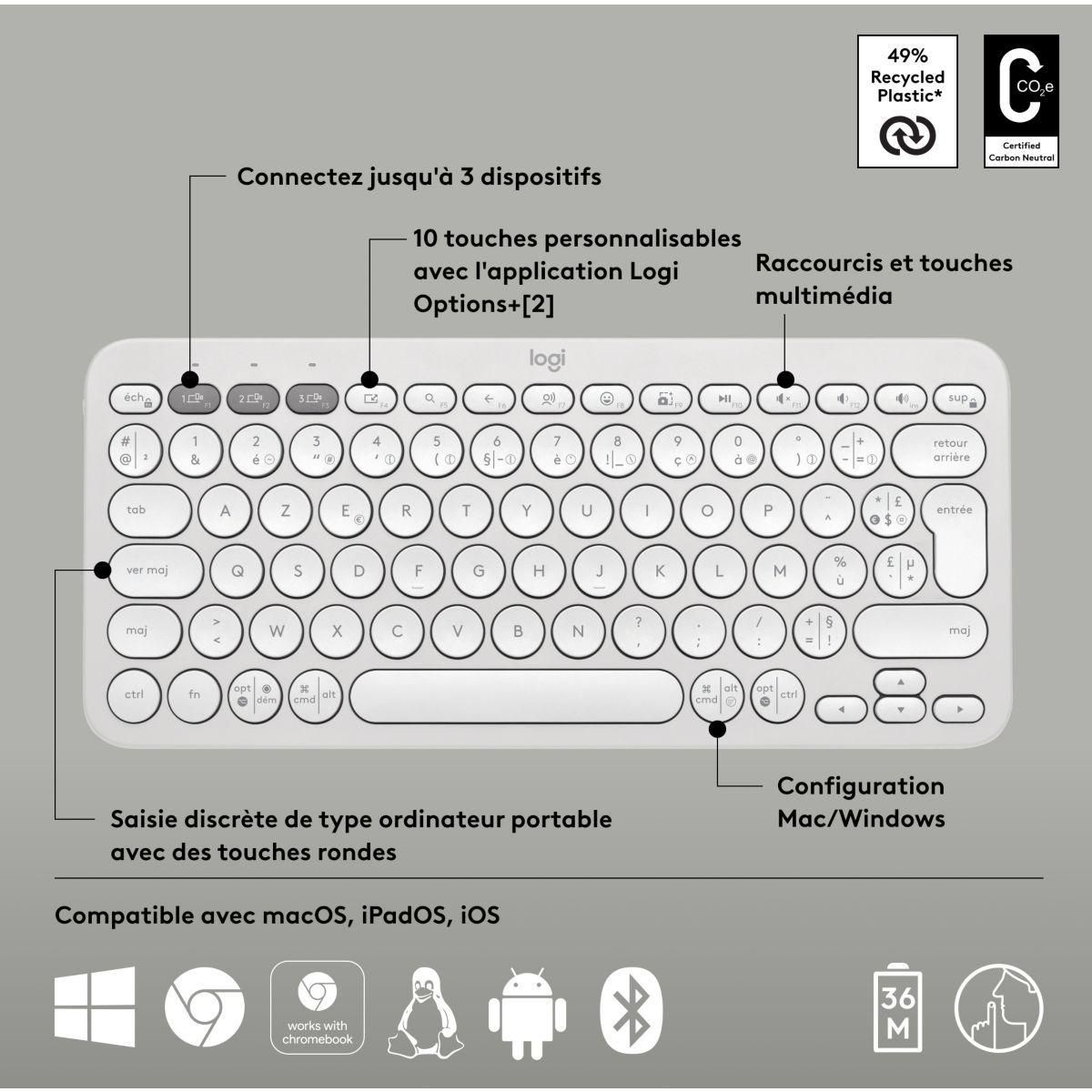 Logitech Pebble Keys 2 K380s - Clavier - sans fil - Bluetooth LE - AZERTY -... - 8