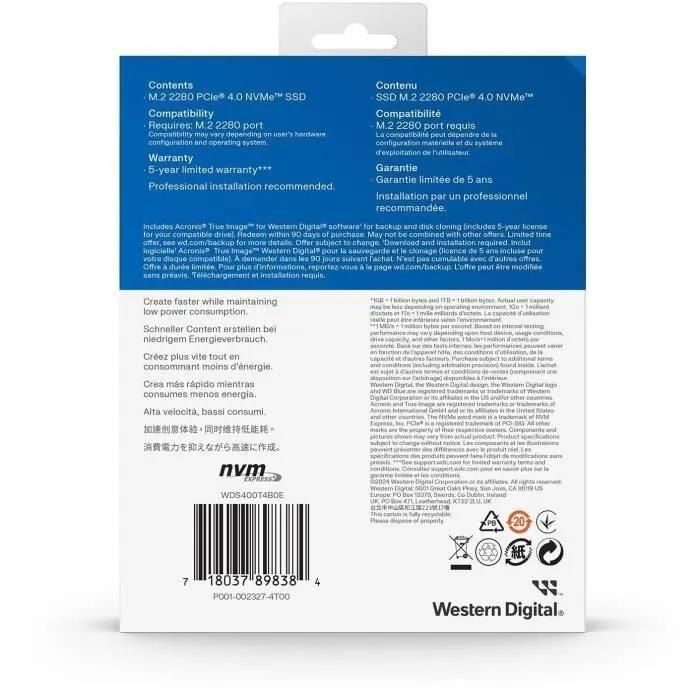 WD Blue SN5000 WDS400T4B0E-00BKY0 - SSD - 4 To - interne - M.2 2280 - PCIe ... - 5