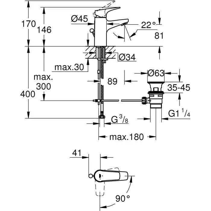 Mitigeur lavabo monocommande START FLOW GROHE 23769000 - bec bas - taille S... - 6
