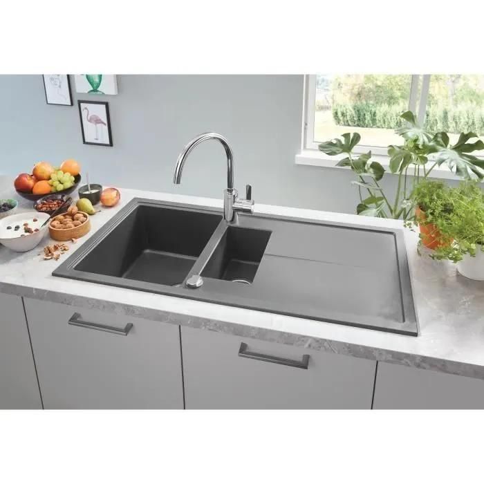 �vier K400 GROHE 31642AT0 1 bac + 1/2 bac + 1 �gouttoir - gris granite - 2