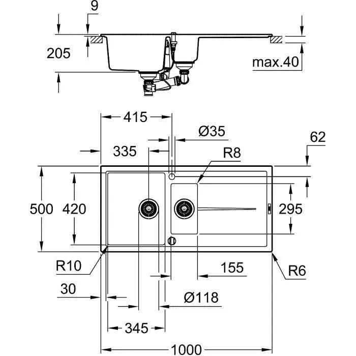 �vier K400 GROHE 31642AT0 1 bac + 1/2 bac + 1 �gouttoir - gris granite - 6