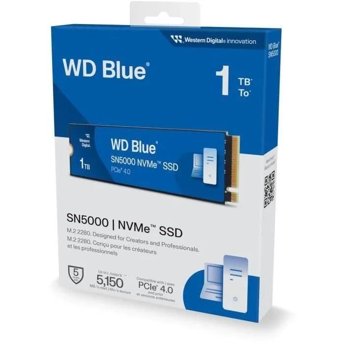 WD Blue SN5000 WDS100T4B0E-00CNZ0 - SSD - 1 To - interne - M.2 2280 - PCIe ... - 4
