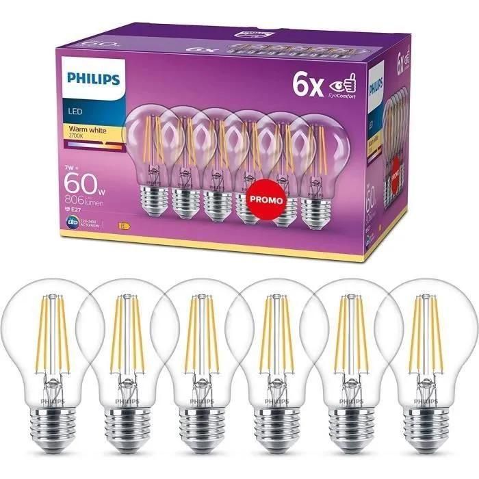 Philips, Pack De 6 Ampoules E27 Led Transparentes 60w, Blanc Chaud