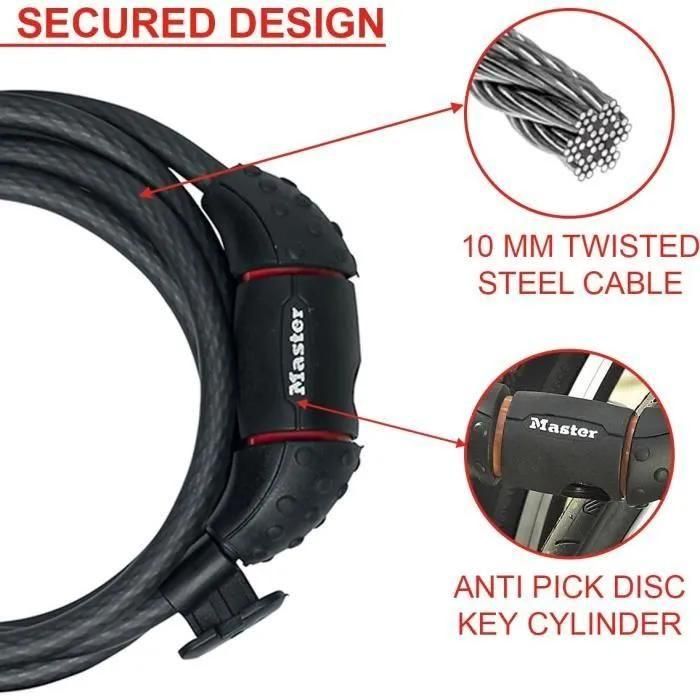 C�ble Acier Tress� MASTER LOCK 1.8Mx10mm - 4 Cl�s - 2