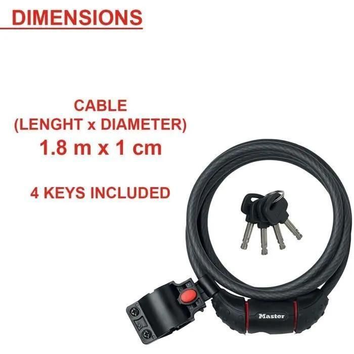 C�ble Acier Tress� MASTER LOCK 1.8Mx10mm - 4 Cl�s - 4