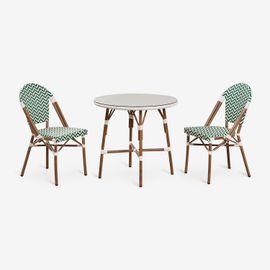 Ensemble Table Ronde Ø80 Cm Et 2 Chaises De Salle À Manger Empilables En Aluminium Et Rotin Synthétique Brielle Bistro Vert Choux - Blanc Gardenia