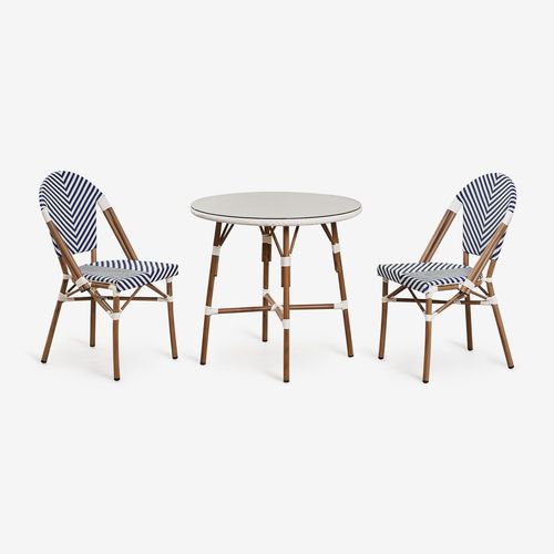 Ensemble Table Ronde Ø80 Cm Et 2 Chaises De Salle À Manger Empilables En Aluminium Et Rotin Synthétique Brielle Bistro Bleu Ken - Blanc Gardenia