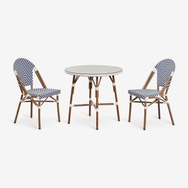 Ensemble Table Ronde Ø80 Cm Et 2 Chaises De Salle À Manger Empilables En Aluminium Et Rotin Synthétique Brielle Bistro Bleu Ken - Blanc Gardenia