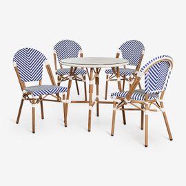 Ensemble Table Ronde Ø80 Cm Et 4 Chaises De Salle À Manger Empilables En Aluminium Et Rotin Synthétique Brielle Bistro Bleu Ken - Blanc Gardenia