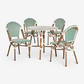 Ensemble Table Ronde Ø80 Cm Et 4 Chaises De Salle À Manger Empilables En Aluminium Et Rotin Synthétique Brielle Bistro Vert Choux - Blanc Gardenia