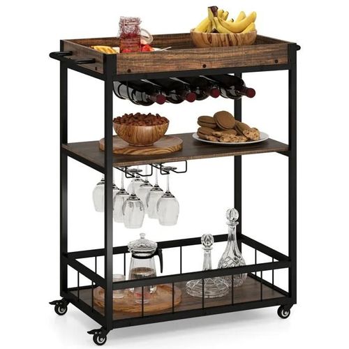 Costway Desserte De Cuisine À 3 Niveaux Sur Roulettes, Chariot De Service Avec Plateau Amovible, Porte-Verres, Marron Rustique