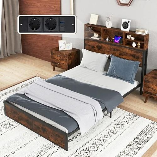 Lit Plateforme 140x200cm Costway, Station De Charge, Tête De Lit Avec Rangement, Espace Sous Lit, Structure De Lit Marron Rustique