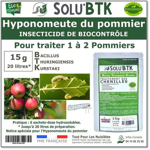SoluBTK - Hyponomeute du Pommier - 15 g Bacillus thuringiensis BTK - Anti-chenilles Utilisable en Agriculture Biologique