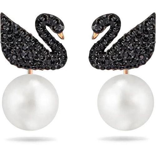 Boucles D'oreilles - Swarovski - Iconic Swan - Cristaux Noirs - Or Rose - Transformables