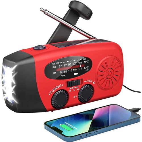 Radio Solaire d’Urgence, Radio à Manivelle Auto-alimentée avec Lampe de Poche LED, Météo AM/FM/WB avec Batterie Rechargeable 2000mAh pour Le Chargement d’Urgence du Téléphone Intelligent (rouge)