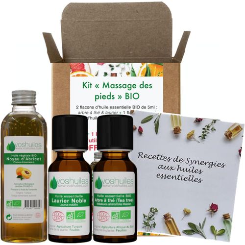Kit Massage des Pieds - 2 Huiles Essentielles + 1 Végétale Bio - 100% Pure et Naturelle - HEBBD, Ecocert - Tea Tree, Laurier, Noyau d'Abricot - Massage - 2x5ml, 1x50ml