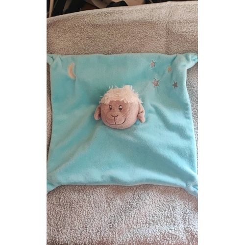 Doudou Mouton Gris Carré Bleu Marque Carré Blanc