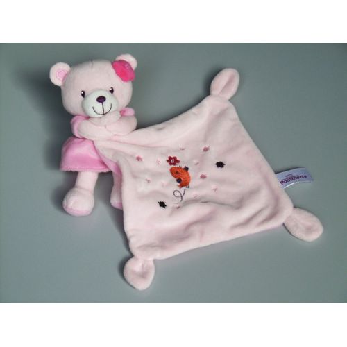 Doudou ours mouchoir rose oiseau orange Pommette