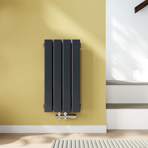 EMKE Radiateur à eau chaude petit format 60 x 30,4 cm, radiateur vertical plat pour salle de bain, radiateur plat à raccordement central, radiateur mural double couche, gris anthracite, 327 watts