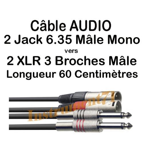 CABLE 2 XLR 3 BROCHES MALE REPEREES VERS 2 JACK 6.35 MALE MONO LONGUEUR 60 CM