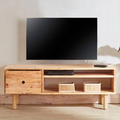Meuble Tv Rustique | Meuble Tv | Meuble Média Sur Pieds Fuselés En Acier Noir Style Mid Century | Bois D'hévéa Massif | Meuble Tv Pour Le Salon