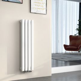EMKE Radiateur à eau chaude petit 90 x 24 cm, radiateur à panneau ovale, connexion centrale, radiateur vertical, radiateur tubulaire, double couche, blanc brillant, 373 watts