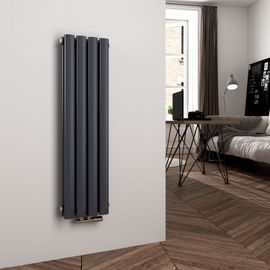 EMKE Radiateur à eau chaude petit 90 x 24 cm, radiateur à panneau ovale, connexion centrale, radiateur vertical, radiateur tubulaire, double couche, gris anthracite, 373 watts