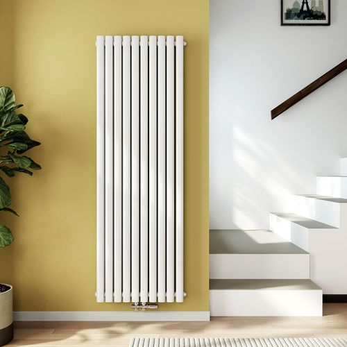 EMKE Radiateur à eau chaude 180 x 60 mm, radiateur à panneau ovale, connexion centrale, radiateur vertical, radiateur tubulaire, double couche, blanc brillant, 2175 watts