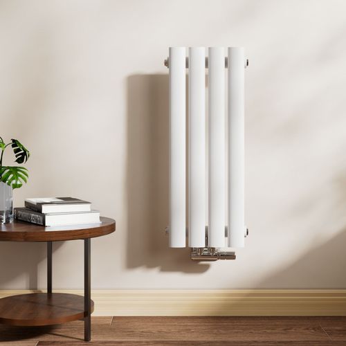 EMKE Radiateur à eau chaude petit 60 x 24 cm, radiateur à panneau ovale, connexion centrale, radiateur vertical, radiateur tubulaire, monocouche, blanc brillant, 177 watts