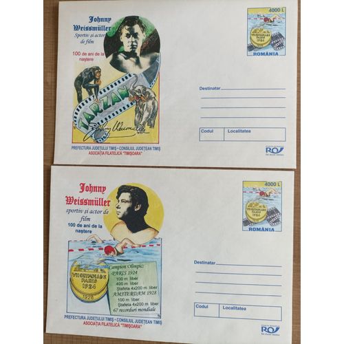 Lot De 2 Enveloppes Souvenir Johnny Weismuller Tarzan - Roumanie 2004