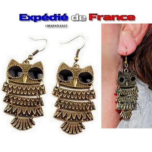 Boucles D'oreilles Bohème Pendantes Hippie Chic - Hibou / Chouette - Boho Rétro Vintage Métal Aspect Bronze Cuivré