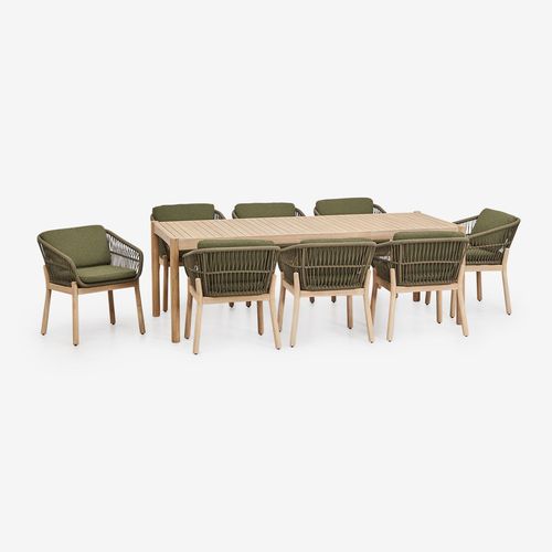 Ensemble Table Rectangulaire 220x100 Cm Et 8 Chaises De Salle À Manger En Bois D'acacia Et Corde Tressée Karvia