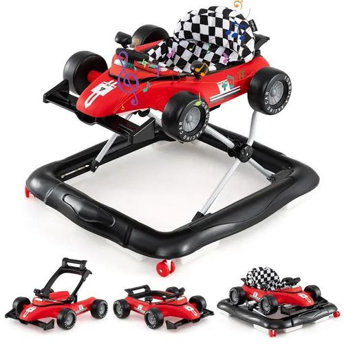 Costway Trotteur Bébé Garçon 4 En 1 Avec 3 Hauteur Réglable, Volant De Siège Rembourré, Boîte À Musique, Roues Silencieuses, Rouge