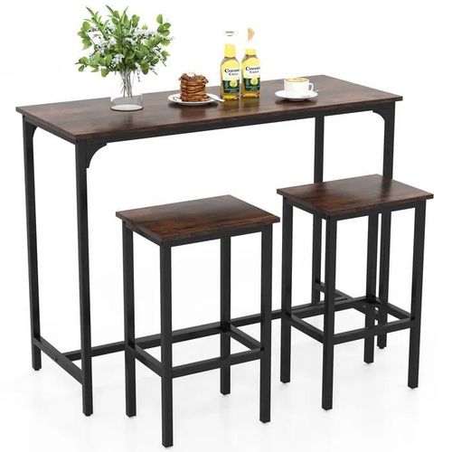 Costway Ensemble De Table À Manger Industrielle 3 Pièces - 120 Cm Avec 2 Tabourets - Cuisine, Salle À Manger - Marron