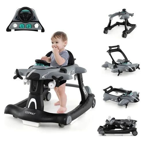 Costway Trotteur Bébé Garçon 6 En 1 Avec 3 Hauteur Réglable, Boîte À Musique Amovible, Plateau Pour Aliments, 6 À 18 Mois, Gris