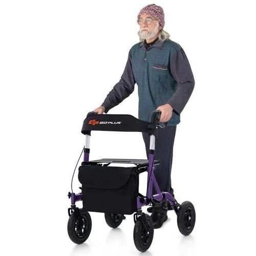 Costway Déambulateur Pliable - Roues Pneumatiques Tout Terrain De 24 Cm - Hauteur 81-93,5 Cm - 2 Freins À Main - 160kg - Violet