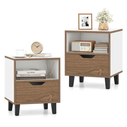 Costway Lot De 2 Table De Chevet Avec Tiroir, Compartiment Ouvert, Pieds Métalliques, Chevet De Lit Pour Chambre, Salon, Bureau