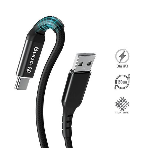 Crong Armor Link - Câble tressé USB-C vers USB-A 60W Charge Rapide 150cm (Noir)