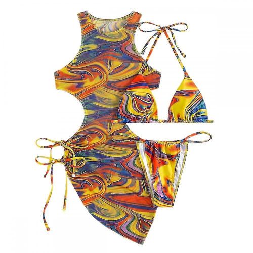 Bikini Fendu Pour Femme, String, Cravates Suspendues Motif Swoosh Maille Sexy Maillot De Bain Creux, 3 Pcs Jaune (Xl)
