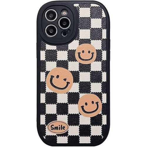 Coque Souple Sourire À Carreaux Blanc Noir Pour Apple Iphone 13 Promax "" Coque Mignonne En Similicuir De Forme Ovale Pour Iphone 13promax