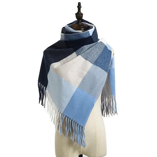 Femmes Foulards Hiver Long Doux Chaud Tartan Check Wraps Laine Filature Pompon Châle Étole Écharpe Dames, Bleu