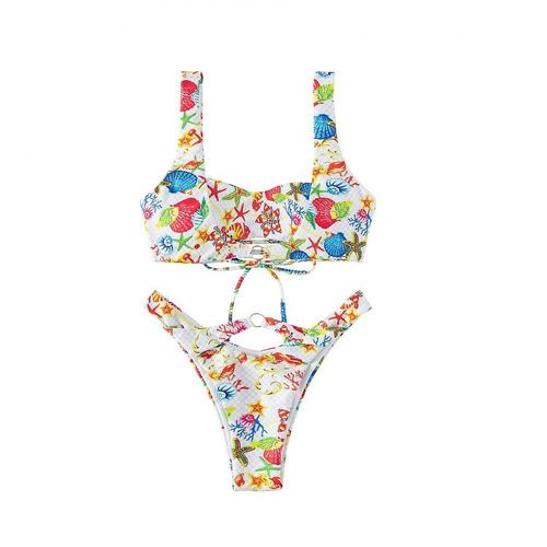 Bikini Femme Imprimé Fendus, Top Plage Bretelles, Pantalon Brésilien, Décoration Anneau Évidée Pour Vacances, Surf, Blanc (M)
