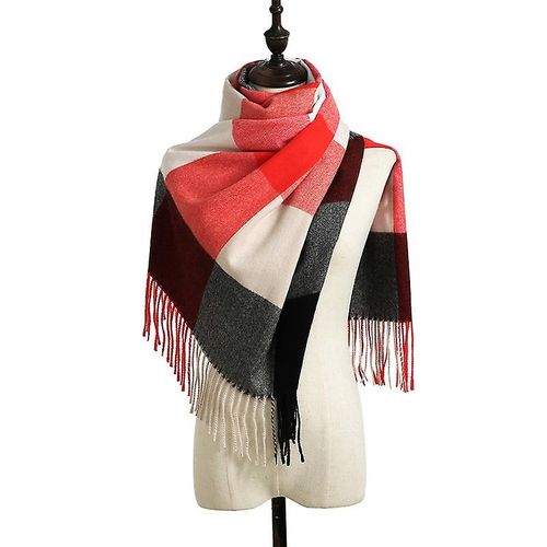 Femmes Foulards Hiver Long Doux Chaud Tartan Check Wraps Laine Filature Pompon Châle Étole Écharpe Dames, Rouge Et Noir