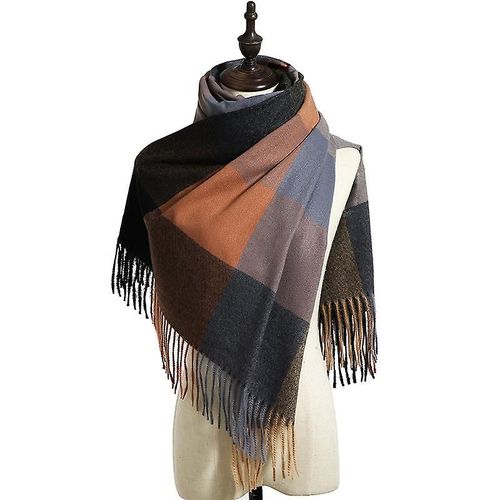 Femmes Foulards Hiver Long Doux Chaud Tartan Check Wraps Laine Filature Pompon Châle Étole Écharpe Dames, Noir Et Marron