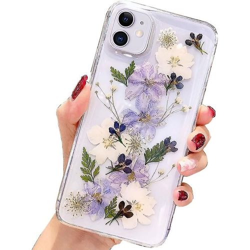 Design Pour Iphone 11 Coque Fleur, Transparent Paillettes Pressé Véritable Floral Doux Mince Protecteur En Caoutchouc Floral Mignon Cas Pour Femmes Filles (Fleur Marine)