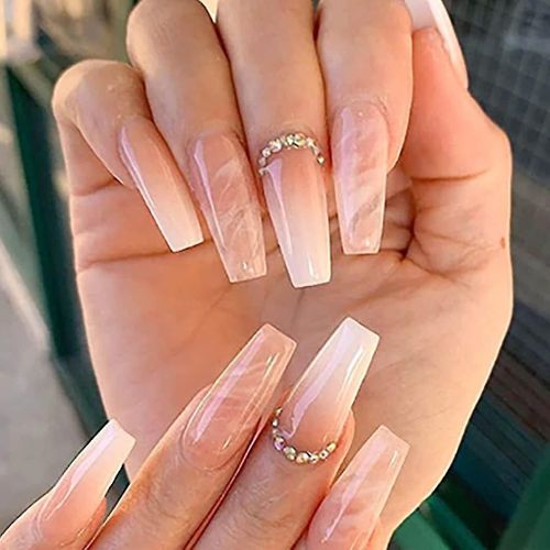 Faux Ongles Long Faux Ongles Nu Presse Sur Les Ongles Ballerine Acrylique Stick Sur Les Ongles 24pcs Pour Les Femmes Et Les Filles (Rose,1set 