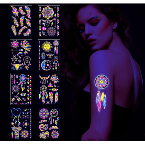 Jusch 8 Feuilles Grand Glow In The Dark Tattoo Néon Maquillage Temporaire, Rave Festival Accessoire, Faux Visage Papillon Tatouage Uv Blacklight Pour Femmes Fête 