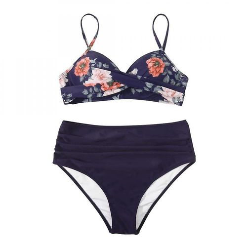 Bikini Fendu Femme, Porte-Jarretelles Froncé Imprimé, Sous-Vêtement Taille Haute, Décoration Croix, Bleu Marine Pour La Baignade, Surf (S)