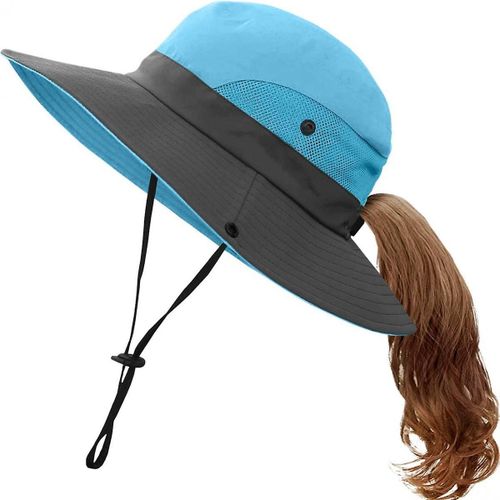 Chapeau De Pêche Sportive En Plein Air D¿Été, Chapeau De Soleil Uv Avec Trou De Queue De Cheval Upf 50 Bouchon De Seau Pour Filles Pêche D¿Été Sur La Plage, Bleu